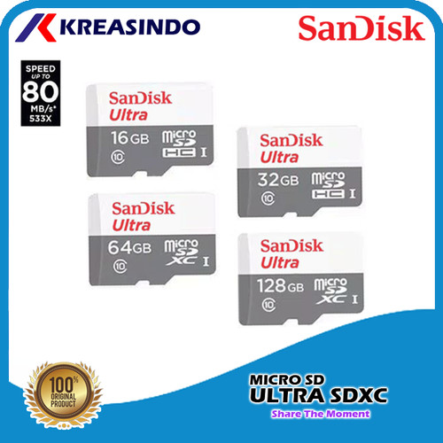 Foto Produk Sandisk Ultra Microsd 16gb 32gb 64gb 128gb 256gb 80mb/s Garansi Resmi - 16 gb dari Kreasindo Online