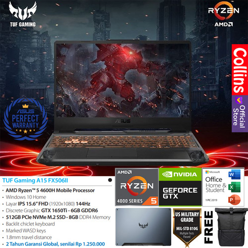 Foto Produk ASUS TUF Gaming A15 FX506II R5-4600H 8GB 512GB GTX1650TI IPS 144Hz W10 dari Collins Official