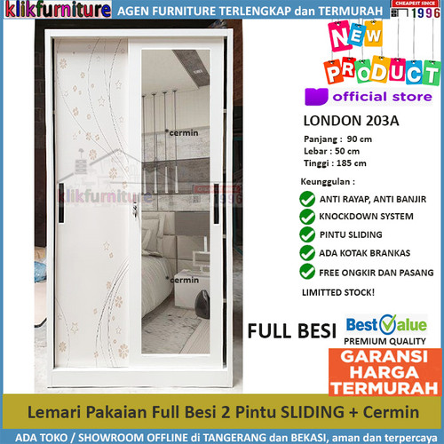 Foto Produk PROMO Lemari Pakaian Full Besi SLIDING Anti Rayap Banjir LONDON 203A dari klikfurniture