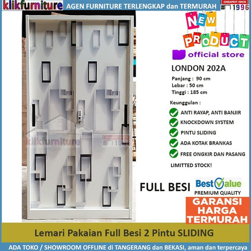 Foto Produk Lemari Pakaian Besi Full Anti Banjir Pintu Sliding LONDON 202A dari klikfurniture