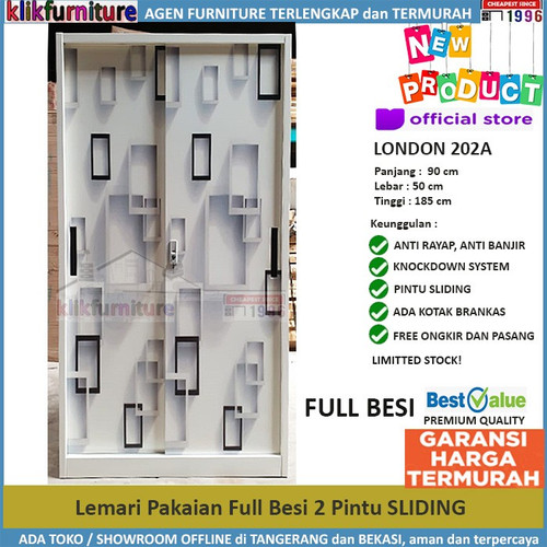 Foto Produk Lemari Pakaian 2 Pintu Besi SLIDING Anti Rayap Anti Banjir LONDON 202A dari klikfurniture