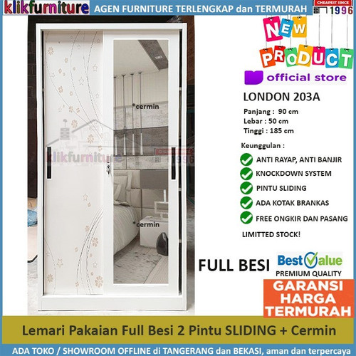 Foto Produk Lemari Pakaian Besi Full Anti Banjir Pintu Sliding Cermin LONDON 203A dari klikfurniture