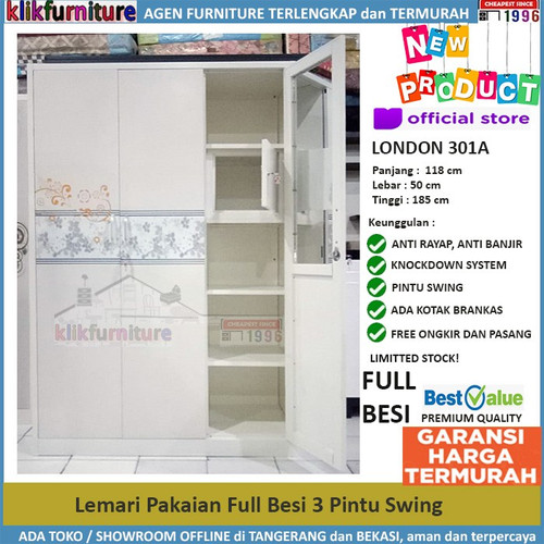 Foto Produk Lemari Pakaian 3 Pintu Bahan Full Besi LONDON 301A dari klikfurniture