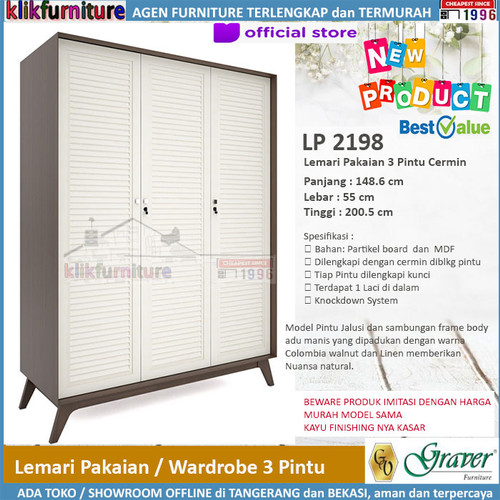 Foto Produk LP 2198 Lemari Pakaian 3 Pintu Cermin Viral Series Graver dari klikfurniture