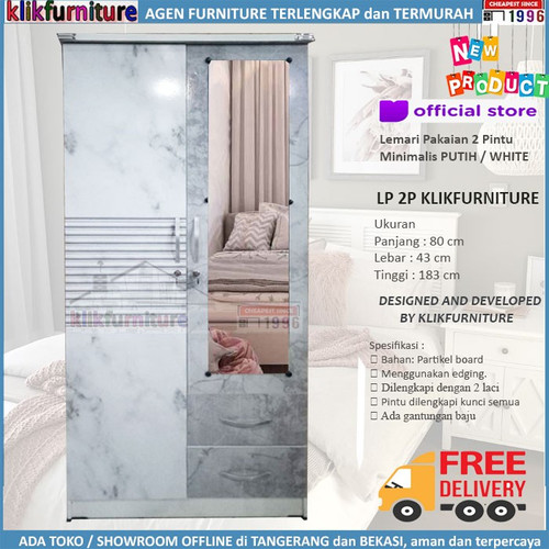 Foto Produk Lemari Pakaian Baju 2 Pintu + Cermin Putih Marmer LP2P Klikfurniture dari klikfurniture