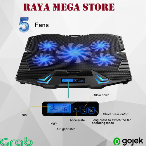 Foto Produk Cooling Pad Laptop 5 Fan Pendingin Laptop Stand Tatakan Meja Cooler - Biru dari Raya Mega Store