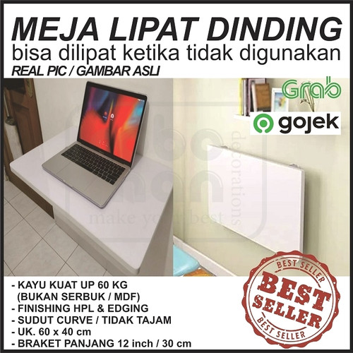 Foto Produk Meja Lipat Dinding / Rak / Meja komputer / Kerja / Murah HPL 60x40cm - Putih dari ROBOMAN DESIGN