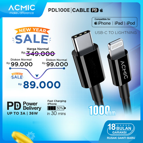 Foto Produk ACMIC PDL100e USB Type C to Lightning Cable PD Fast Charging iPhone 1M - PDL100e Only dari ACMIC Official Store