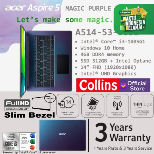 Foto Produk Acer Aspire 5 A514-53 - i3-1005G1 4GB 512GB + INTEL OPTANE 14" W10 OHS dari Collins Official