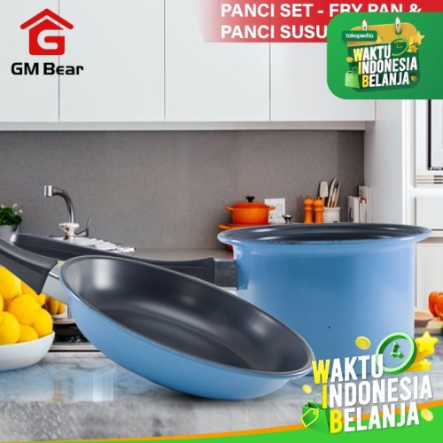 Foto Produk GM Bear Panci Set Teflon Fry Pan dan Panci Susu 1086-Panci Set Milkpan - Biru dari GM Bear
