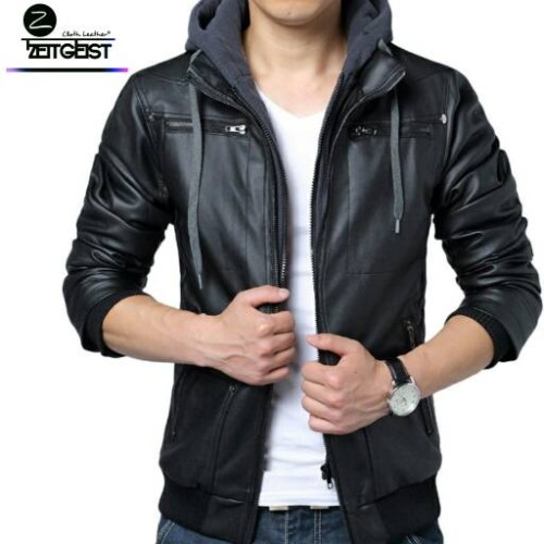 Foto Produk Hoodie Jaket Pria Kulit Sintetis (ST-43) - Hitam, S dari Zeitgeist Leather Store