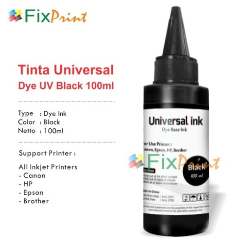 Foto Produk Tinta Universal Ink Black 100ml, Tinta Dye Base Tutup Kerucut - Epson Black dari FixPrint Store
