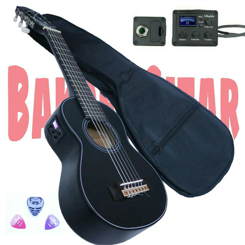 Foto Produk Gitar akustik elektrik lele mini tunner,kado,koleksi,6 senar nilon - Hitam dari dapid bakoel gitar