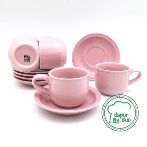Foto Produk 6 Pasang Cangkir Set / Cangkir + Saucer Nikura / Cangkir Teh / Cangkir - Merah Muda dari Dapur Ny.Bun
