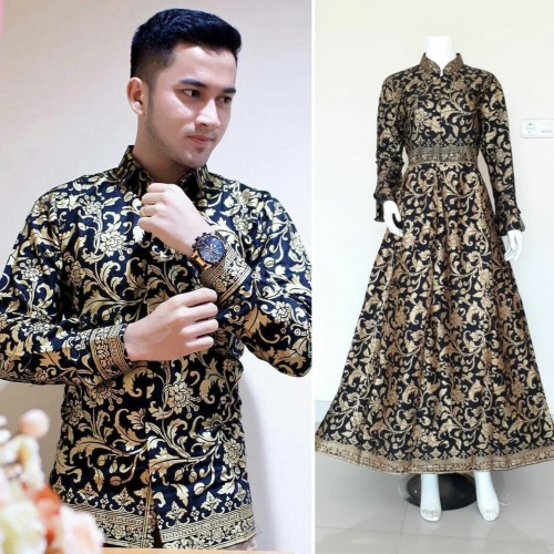 Foto Produk Couple Gamis Batik Prada Emas Kembang Gede & Kemeja Panjang | Sarimbit dari Nivana Batik