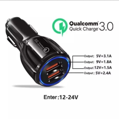 Foto Produk Charger Mobil QC 3.0 2 USB Fast Charging 6A 30W Android iPhone iPad - Hitam dari Majek Ilak Tech Store