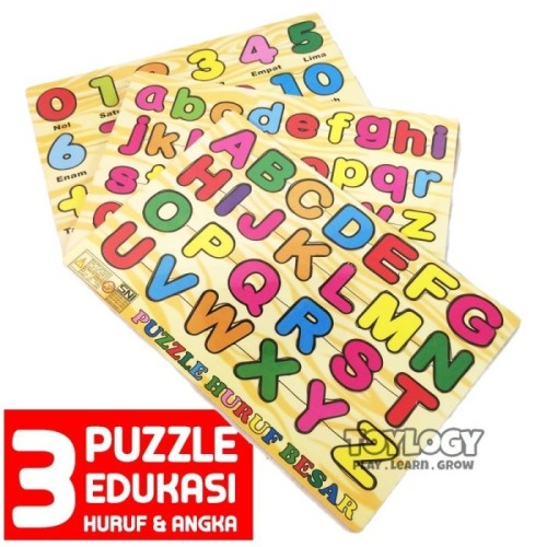 Foto Produk Paket Mainan Edukasi Anak Puzzle Kayu Abjad Huruf Angka Number ABC 123 dari Toylogy