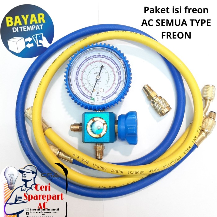 Foto Produk testing manifold AC paket isi freon R32 R410 R22 selang dan adaptor dari VIP AC Electrik