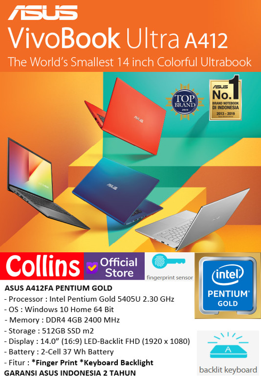 Foto Produk LAPTOP ASUS A412UA - INTEL PENTIUM 4417U DDR4 4GB SSD 512GB 14" WIN10 dari Collins Official