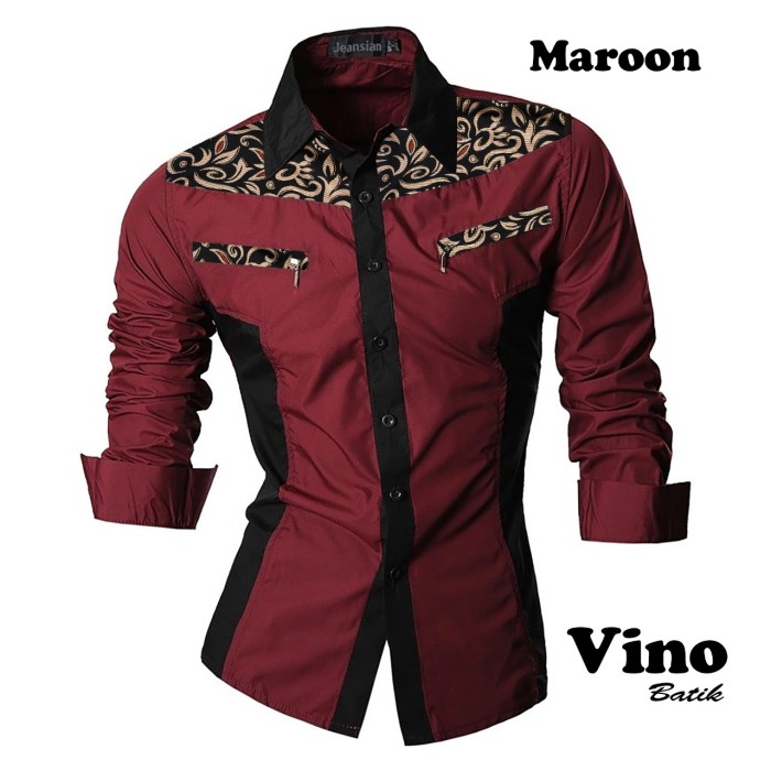 Foto Produk Kemeja Kondangan Pria Cowok Vino Kombinasi Batik Lengan Panjang Casual - Hitam dari queenlabel