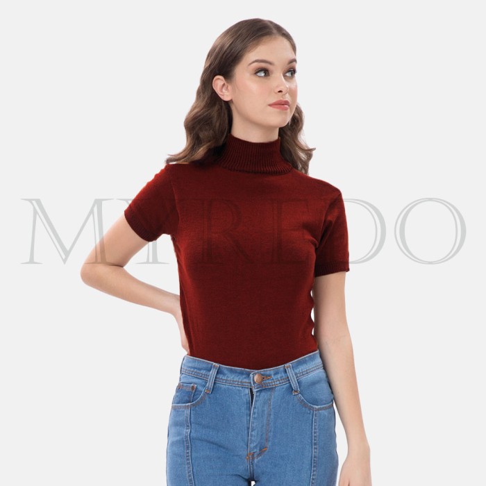 Foto Produk Myredo - Atasan Rajut Wanita Turtleneck Lengan Pendek Nadira - Maroon dari myredo