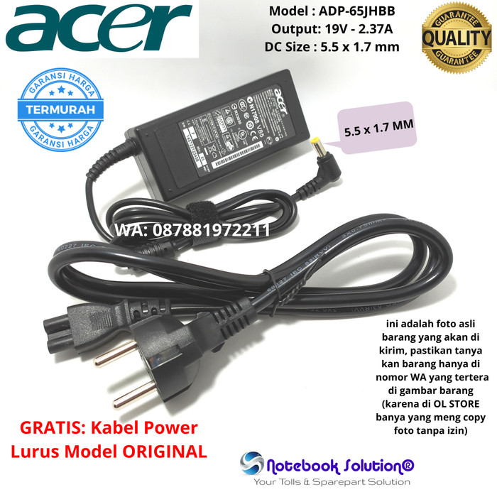 Foto Produk ORIGINAL Adaptor Charger Laptop ACER 19V 2.37A Acer Es1-131, ES1-432 dari Notebook Solution Store