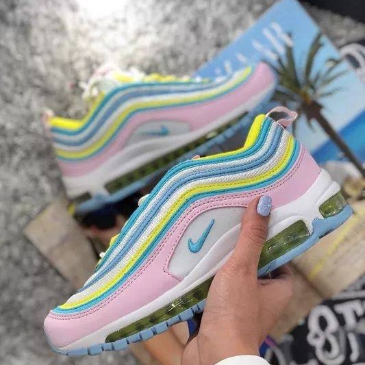 pink blue yellow nike shoes