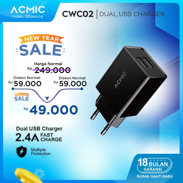 Foto Produk ACMIC CWC02 - Dual USB Wall Charger Adaptor Fast Charging 2.4A - CWC02 Only dari ACMIC Official Store