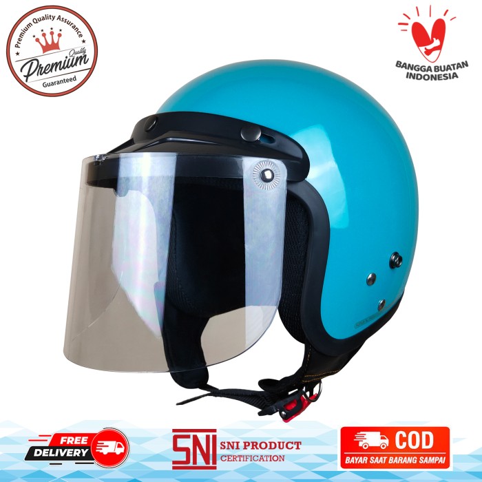 ACN Helm Retro Half Face SNI Dewasa Kaca Datar Flat Biru Tosca Glossy