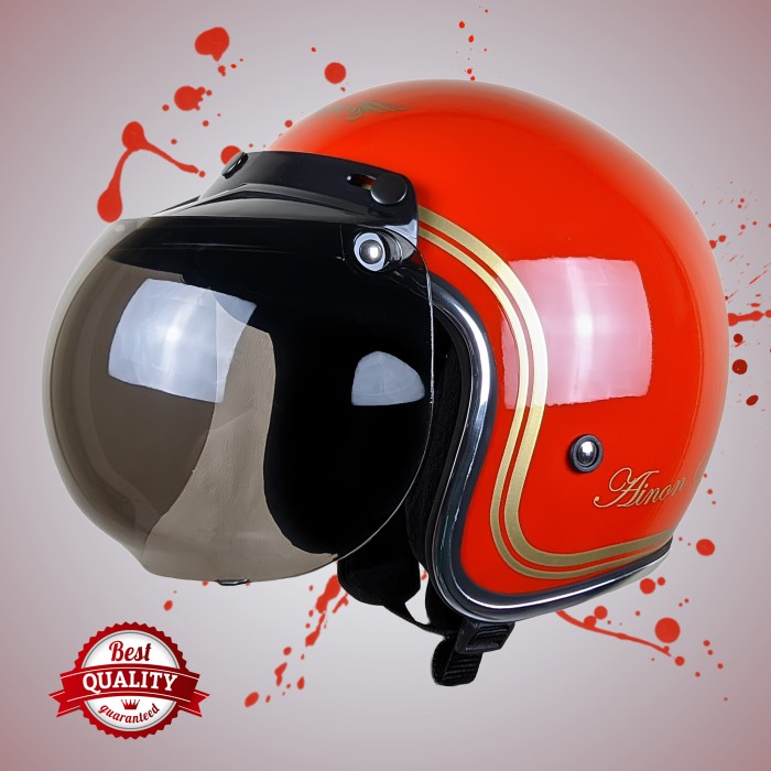 Helm Retro Custom List Chrome krom Ainon Merah Cabe Glossy Gold Emas