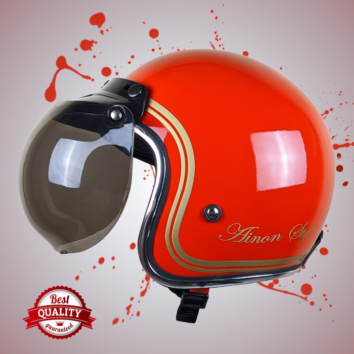 Helm Retro Custom List Chrome krom Ainon Merah Cabe Glossy Gold Emas