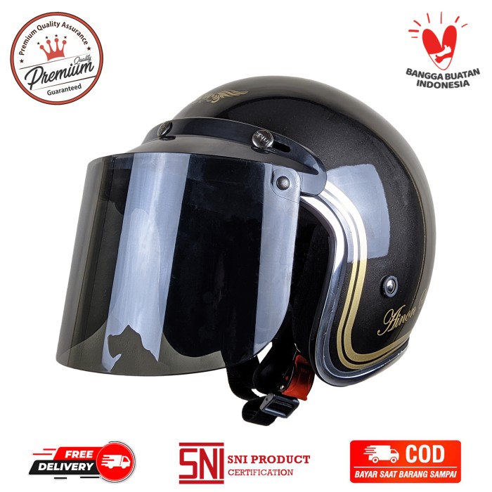 Helm Retro Bogo Dewasa SNI Ainon Style List Silver Chrome Gunmet Gloss