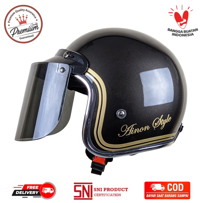 Helm Retro Bogo Dewasa SNI Ainon Style List Silver Chrome Gunmet Gloss