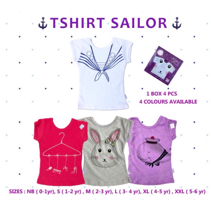 Kazel Tshirt Sailor Girls Isi 4pcs Kaos Atasan Baju Anak Cewek
