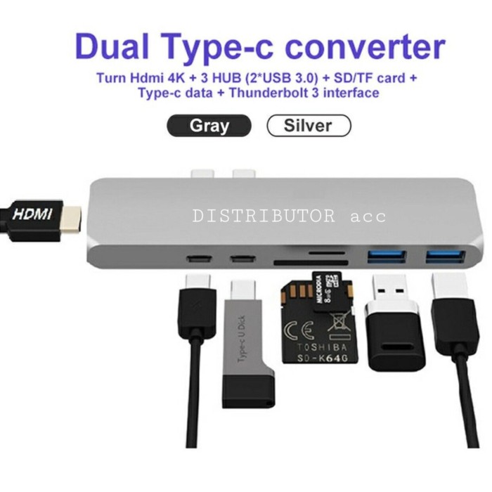 7in1 USB-C Video Hub Type-C to 4K HDMI Dual USB3.0 LAN Adapter TF SD Card Reader