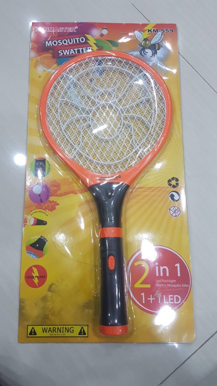 Kenmaster Raket Nyamuk Tahan Banting + Lampu Senter LED Cas Charge