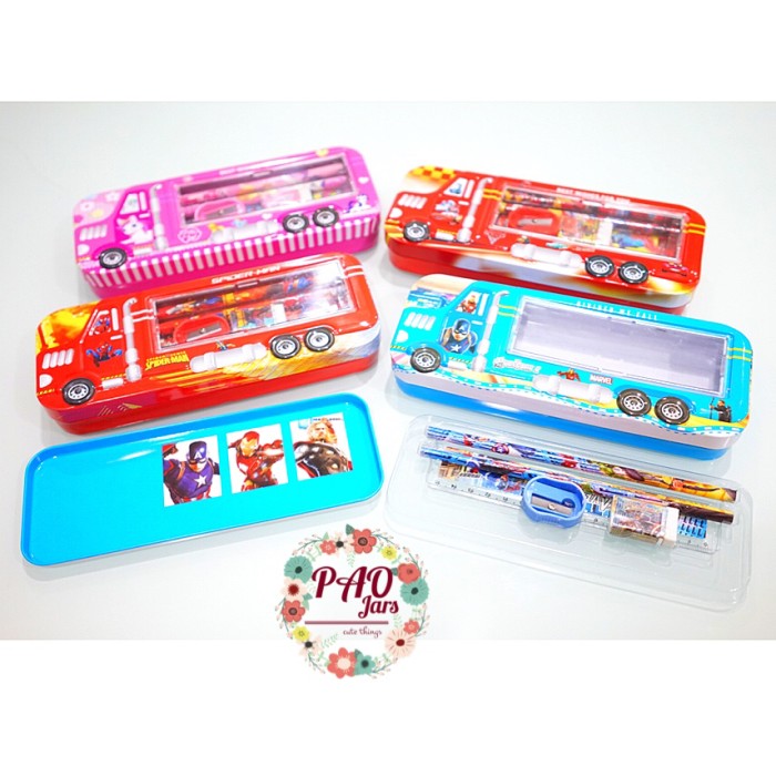 tempat pensil set - kotak pensil karakter spiderman - cars - doraemon