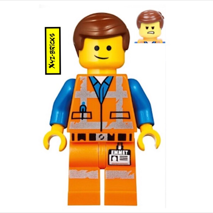Angry Face /& Display Stand The LEGO Movie 2 MiniFigure Emmet in Worn Uniform