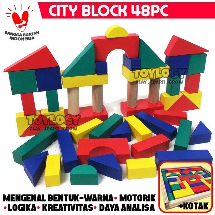 Foto Produk Mainan Edukasi Anak City Block Kayu Balok Warna Susun Blok Bangun Box dari Toylogy