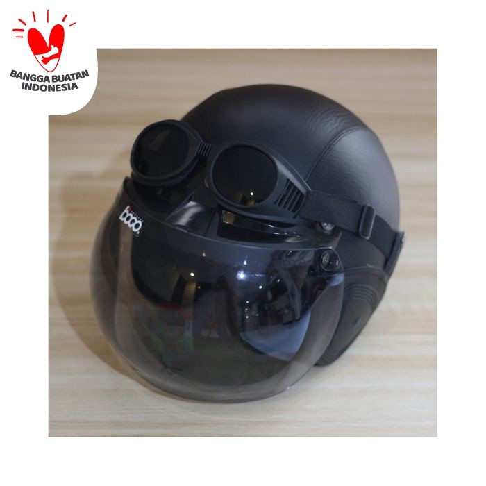 Foto Produk Helm Bogo - Helm Kulit Kaca Bogo Ori Plus Goggle - Hitam dari Helm Murah Promosi
