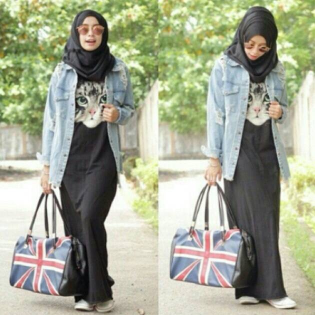 jual setelan busana muslimah fashion black cat denim jual setelan busana muslimah fashion black cat denim