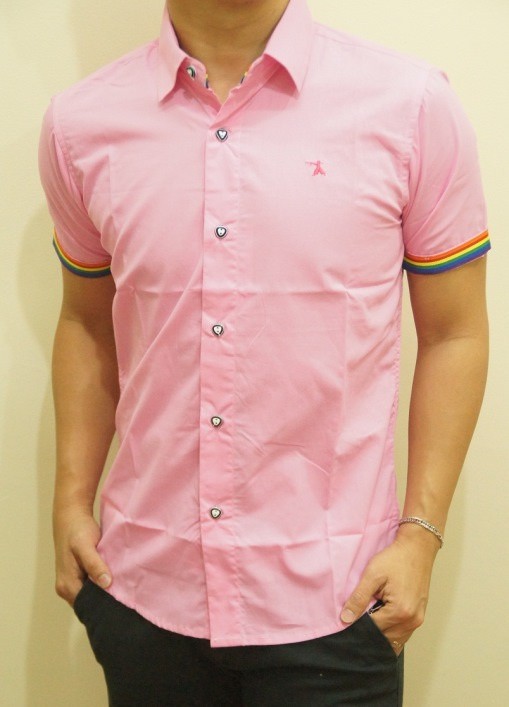 Kemeja Slim Fit Pria Lengan Pendek Merah Muda Pink KFP