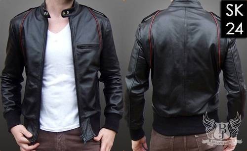 Jaket Ariel Semi Kulit SK24 Hitam list Merah .