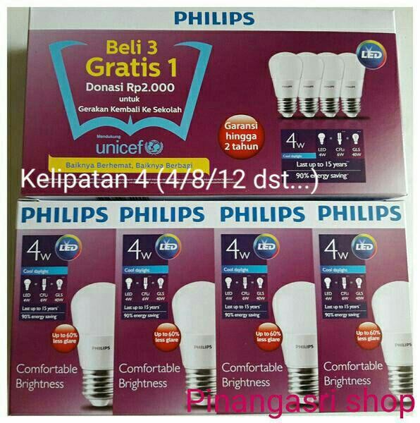 Lampu LED Philips 4 watt Bohlam 4w Putih 4 w Bulb 4watt Packing 4 pcs