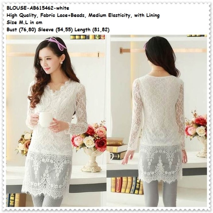 Baju Atasan Lace Blouse Brokat Brukat White Putih Wanita Korea Import