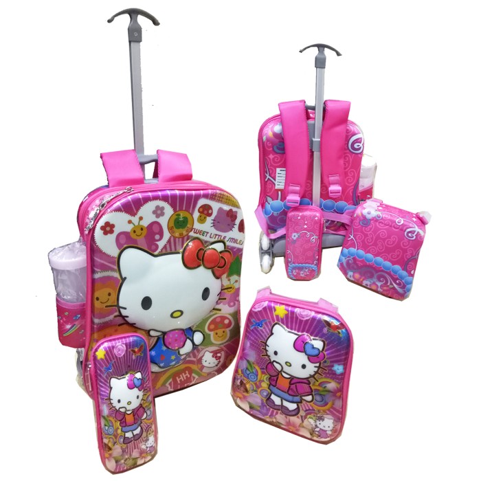 Tas Anak Hello Kitty Trolley 4in1 Set 6 Roda Dua Kantung Bisa Ransel