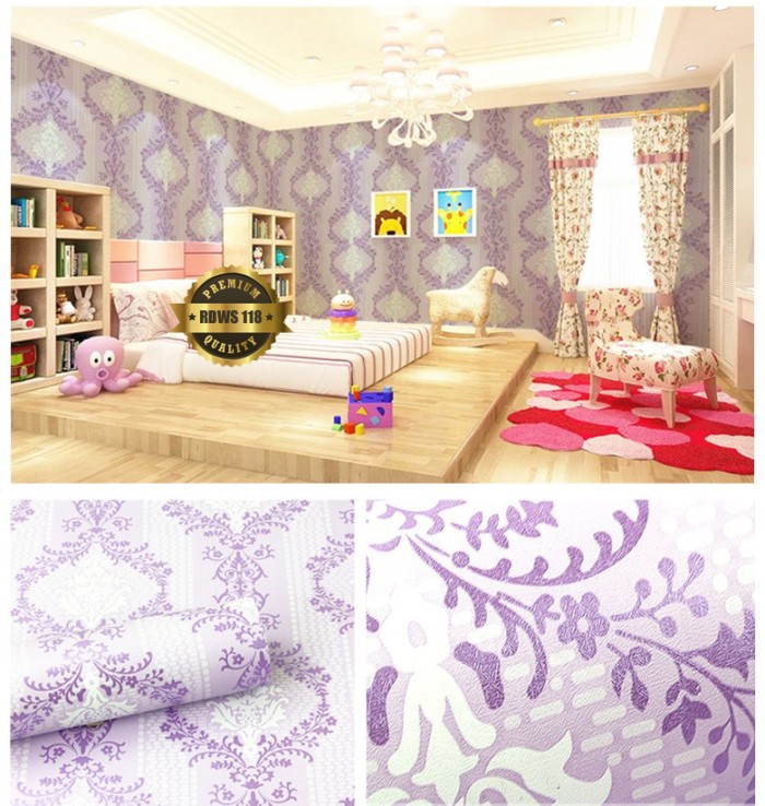 Wallpaper Dinding Motif Batik Ungu Minimalis Ukuran 45 cm x 10 meter