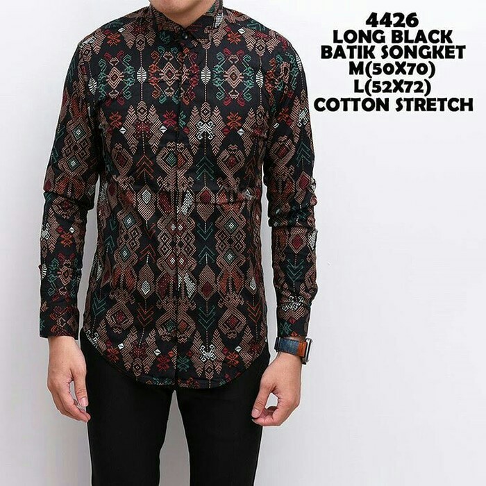 Kemeja Batik Songket Black Panjang kerja Kantor Slimfit Batik Cowok