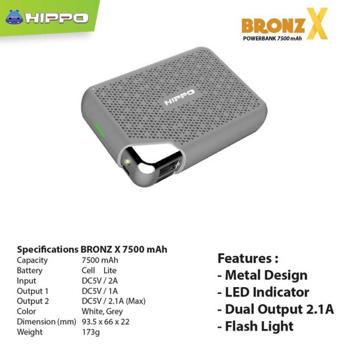 Powerbank Hippo Bronz X 7500 mAh - Putih