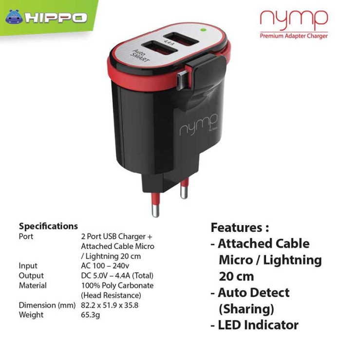 jual hippo nymp 2ports 4 4a charger kabel micro built in jual hippo nymp 2ports 4 4a charger kabel micro built in